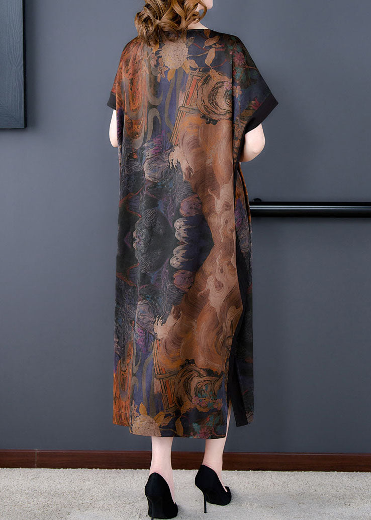 Coffee O Neck Print Side Open Patchwork Silk Dresses Summer
