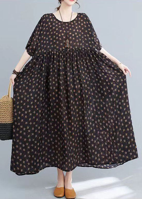 Coffee O Neck Print Wrinkled Patchwork Cotton Long Dresses Summer