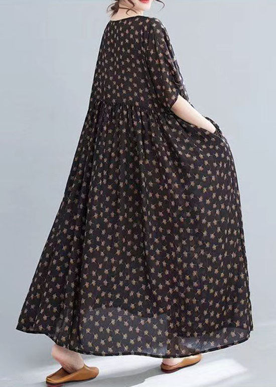 Coffee O Neck Print Wrinkled Patchwork Cotton Long Dresses Summer