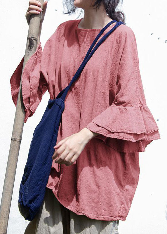 Coffee O Neck Linen Top Butterfly Sleeve