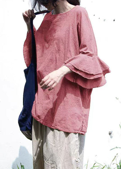 Coffee O Neck Linen Top Butterfly Sleeve