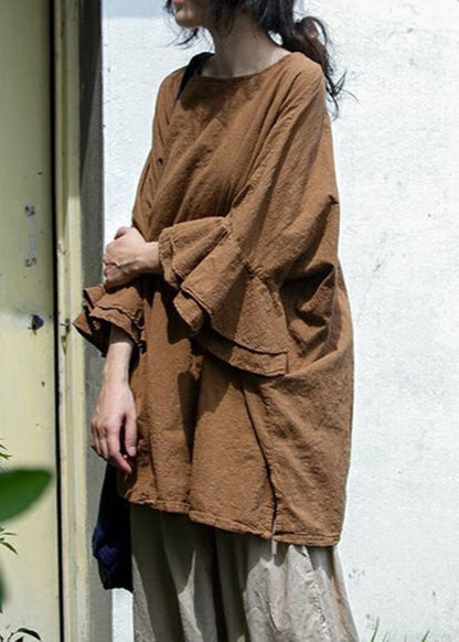Coffee O Neck Linen Top Butterfly Sleeve