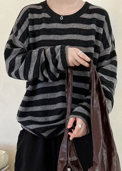 Coffee O-neck Striped Woolen Top Long Sleeve