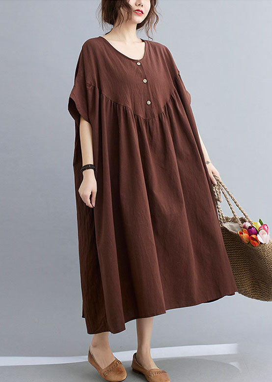 Coffee O Neck Wrinkled Patchwork Cotton Long Dresses Short Sleeve