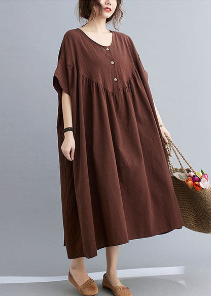 Coffee O Neck Wrinkled Patchwork Cotton Long Dresses Short Sleeve