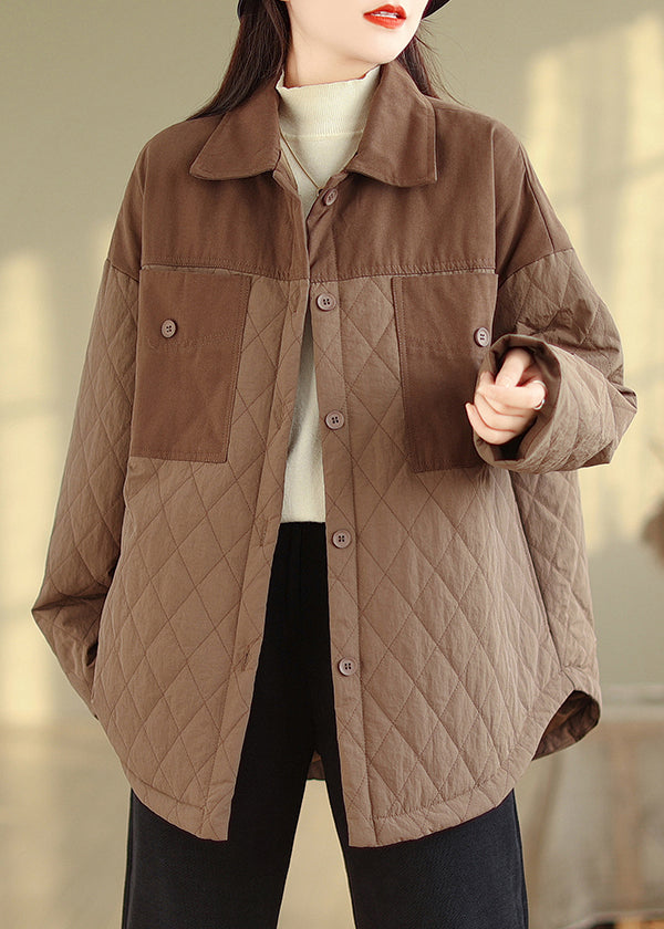 Coffee Oversized Patchwork Fine Cotton Filled Jacket Winter