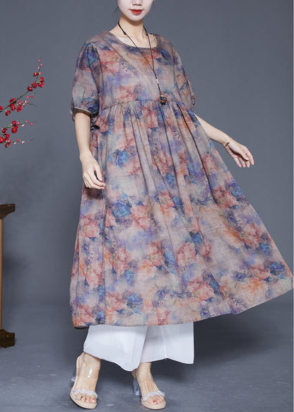 Coffee Oversized Print Linen Maxi Dress Summer