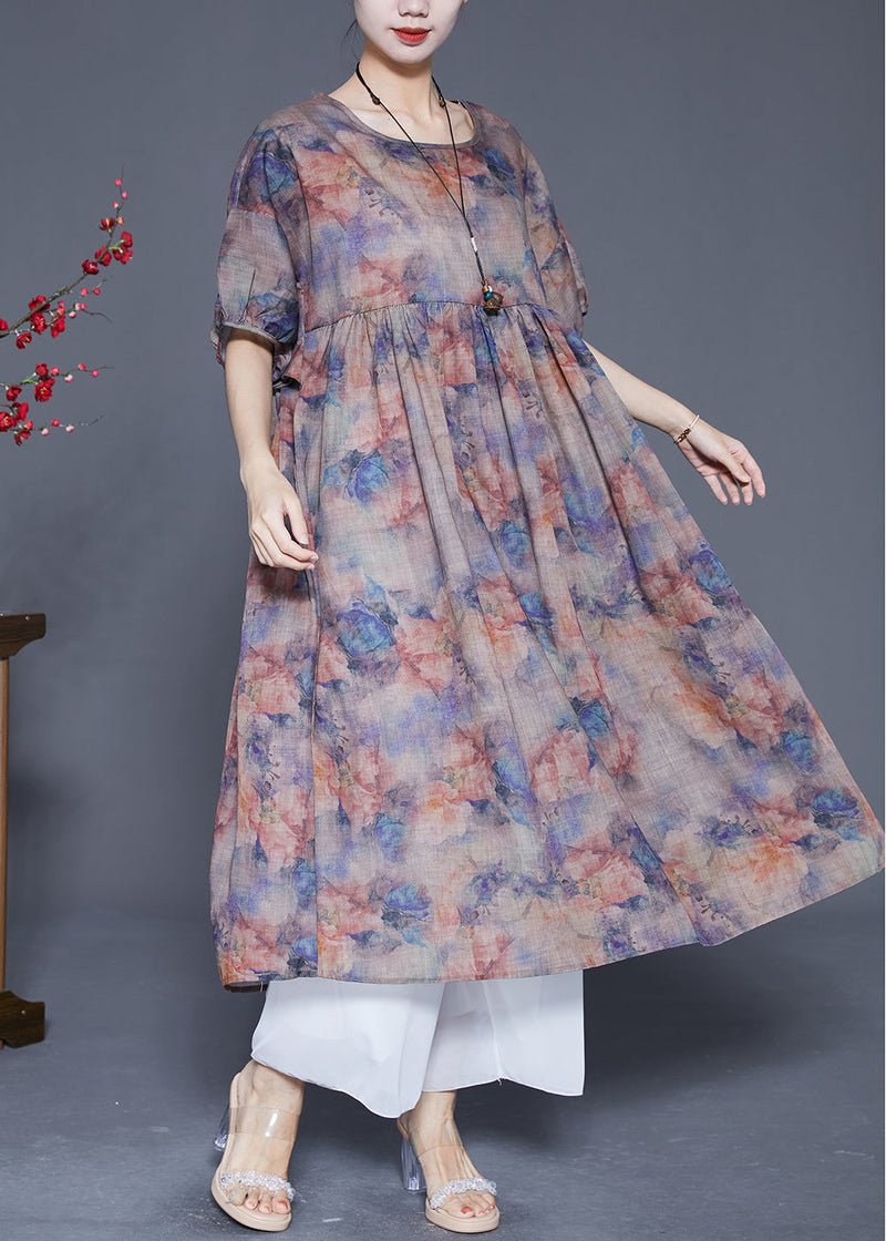 Coffee Oversized Print Linen Maxi Dress Summer