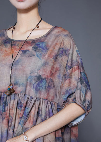 Coffee Oversized Print Linen Maxi Dress Summer