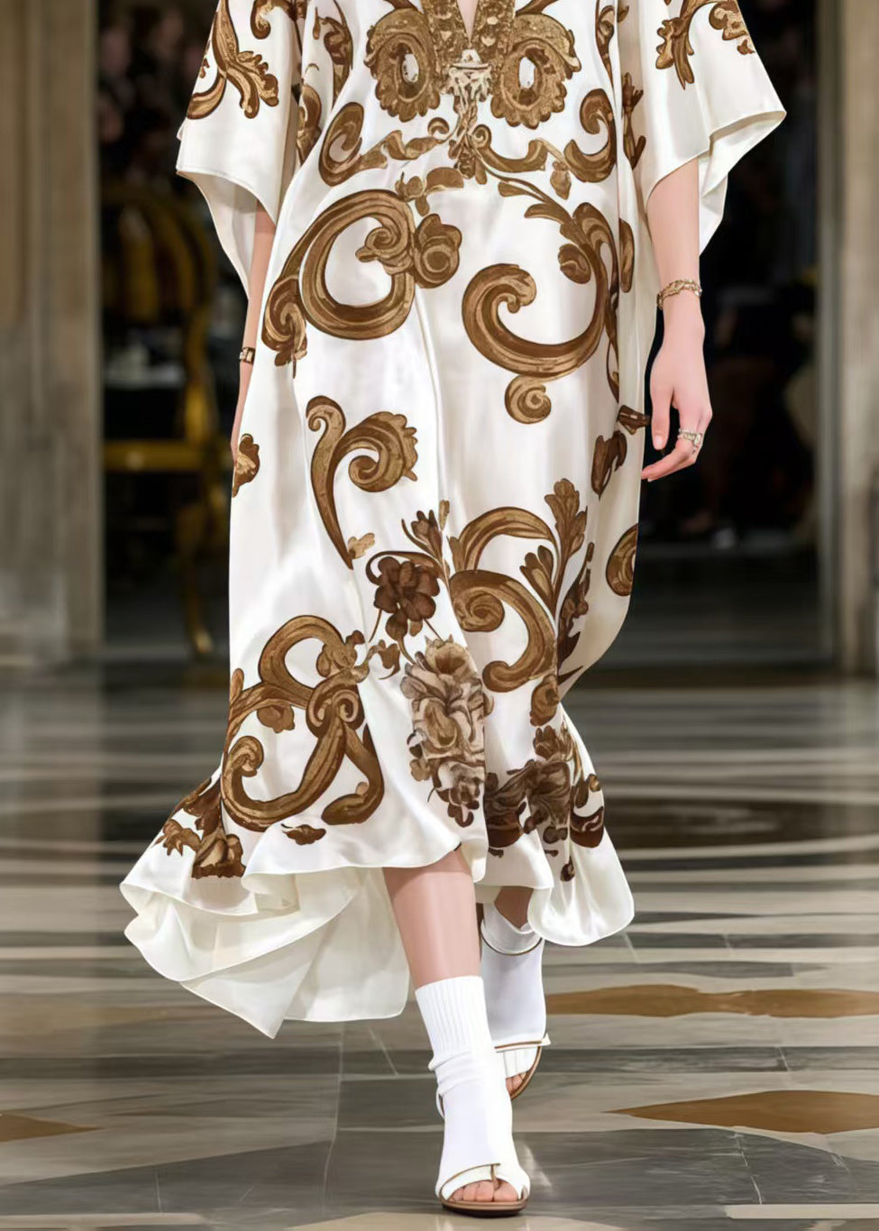 Coffee Oversized Print Silk Maxi Dresses Summer