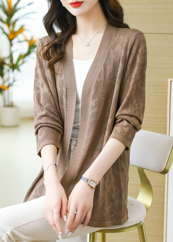 Coffee Patchwork Thin Knit Cardigan Long Sleeve