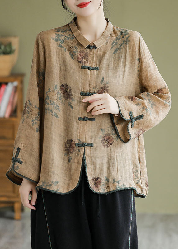 Coffee Peter Pan Collar Print Button Shirt Fall