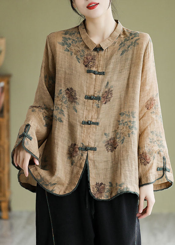Coffee Peter Pan Collar Print Button Shirt Fall