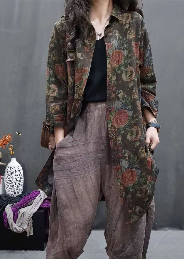 Coffee Peter Pan Collar Print Long Linen Shirts Long Sleeve