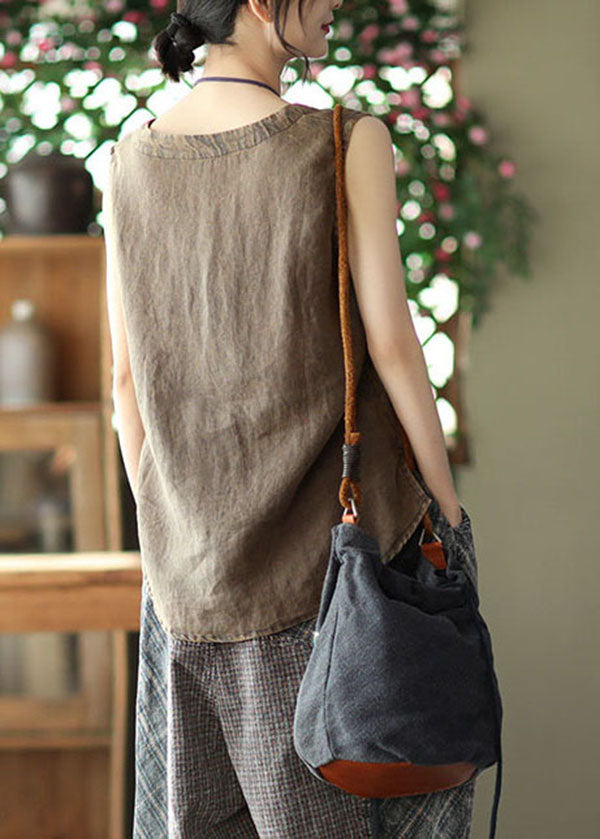 Chocolate Pocket Patchwork Linen Tank Tops Sleeveless