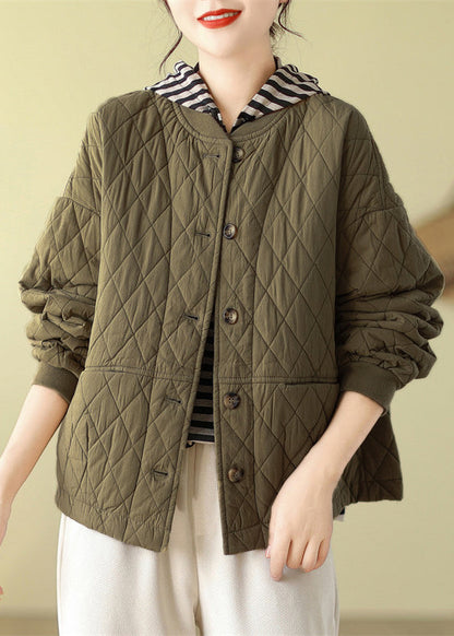 Olive Pockets Button Patchwork Fine Cotton Filled Jacket Winter