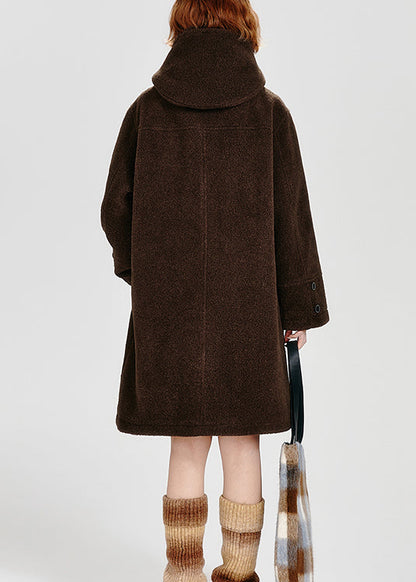 Coffee Pockets Button Woolen Hoodie Coat Winter