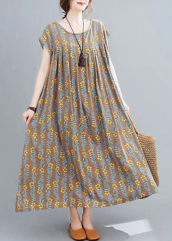 Coffee Print Long Dress Short Sleeve