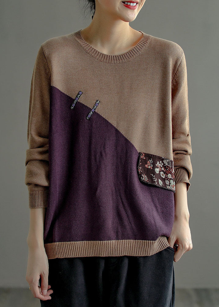 Chocolate Purple O-neck Patchwork Knit Sweater Top Long Sleeve
