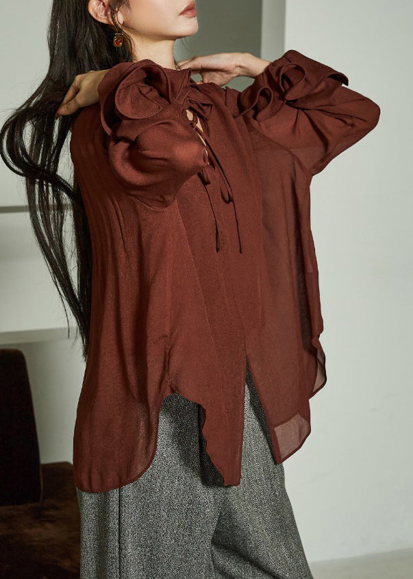 Coffee Ruffled Lace Up Silk Cotton Shirts Fall