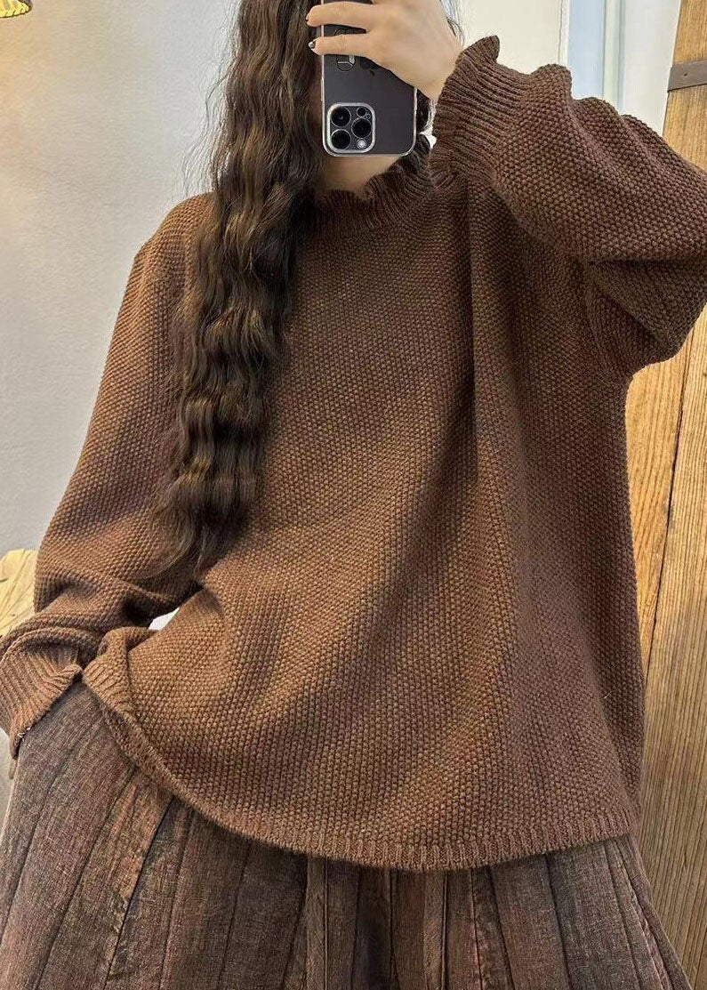 Chocolate Ruffled Oversized Thick Knit Sweater Winter