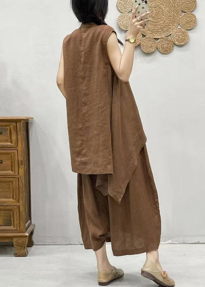 Coffee Stand Collar Asymmetrical Patchwork Linen Waistcoat and Crop Pants Two Pieces Set Summer