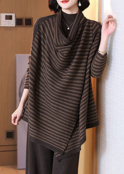 Coffee Striped Asymmetrical Cotton Knit Cardigan Spring