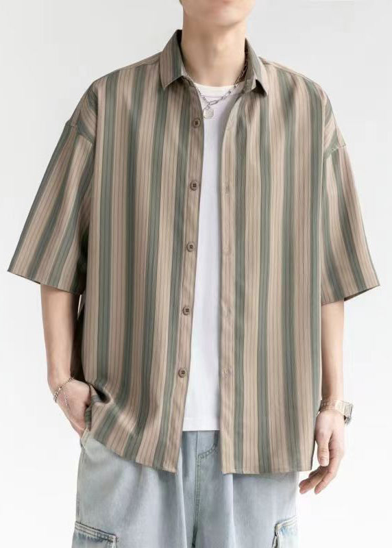 Coffee Striped Button Cotton Shirt Short Sleeve