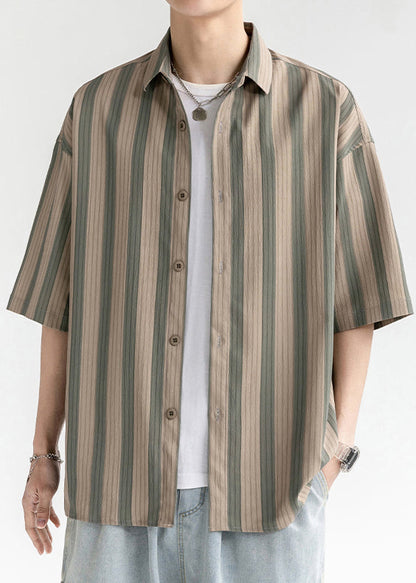 Coffee Striped Button Cotton Shirt Short Sleeve