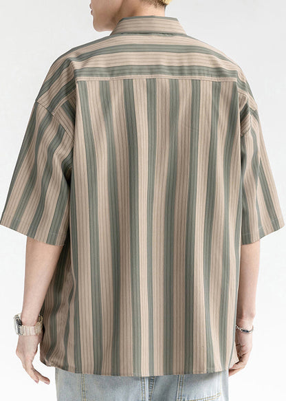 Coffee Striped Button Cotton Shirt Short Sleeve