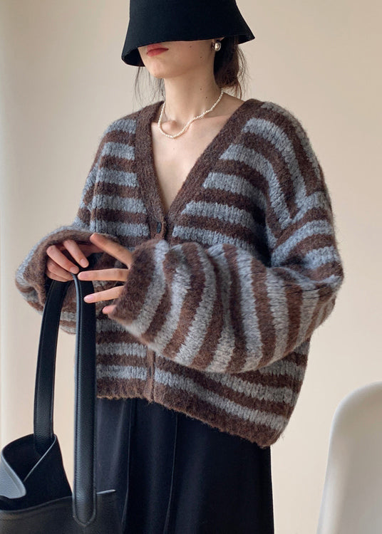 Coffee Striped Button Knit Knit Cardigans Coats Fall