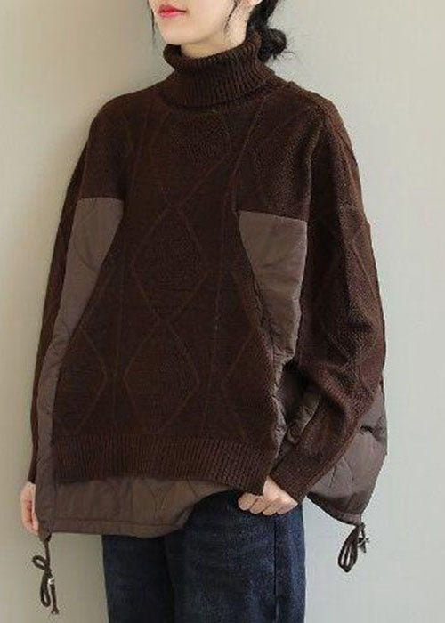 Chocolate Turtle Neck Patchwork Knit Pullover Winter