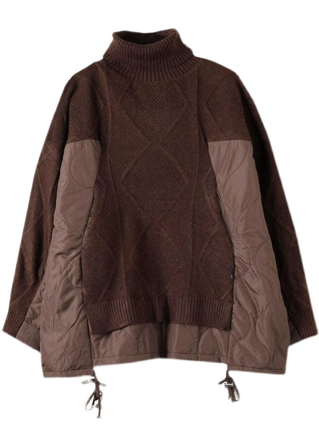 Chocolate Turtle Neck Patchwork Knit Pullover Winter