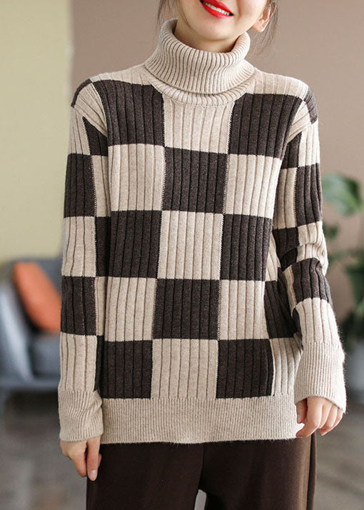 Chocolate Turtle Neck Plaid Knit Top Winter
