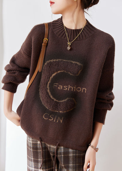 Coffee Turtleneck Alphabet Print Thick Cotton Knit Sweaters Long Sleeve