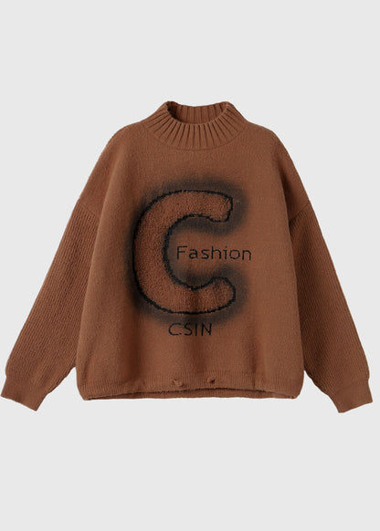 Coffee Turtleneck Alphabet Print Thick Cotton Knit Sweaters Long Sleeve
