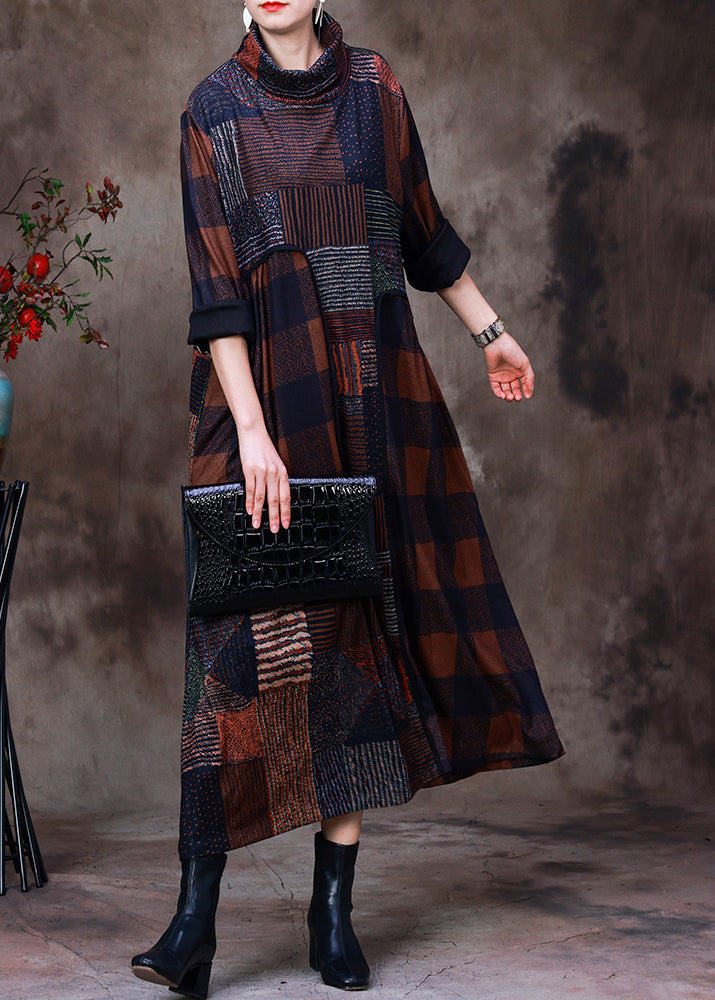 Chocolate Turtleneck Plaid Patchwork Velour Maxi Dress Long Sleeve