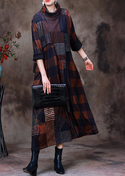 Chocolate Turtleneck Plaid Patchwork Velour Maxi Dress Long Sleeve