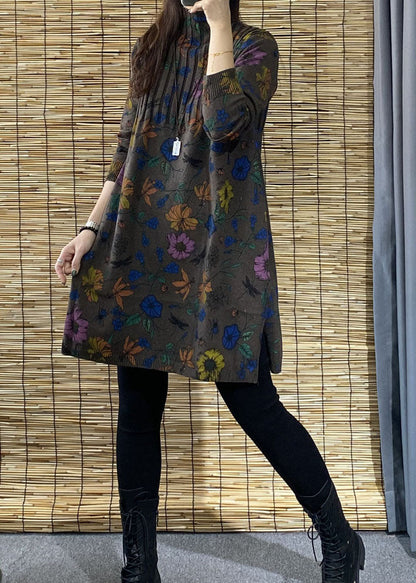 Chocolate Turtleneck Print Side Open Fall Knit Sweater