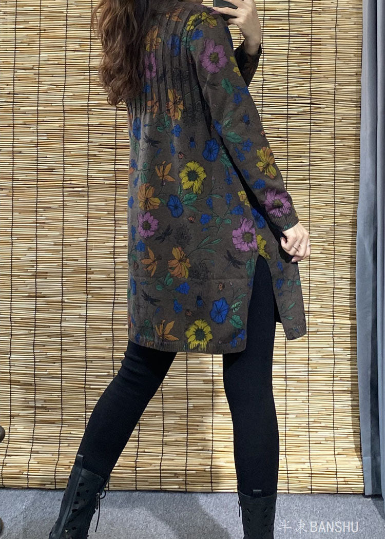 Chocolate Turtleneck Print Side Open Fall Knit Sweater