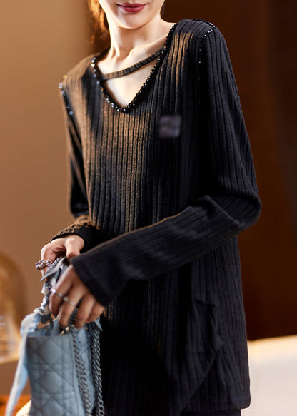 Plus Size Coffee V Neck Nail Bead Patchwork Knit Top Spring