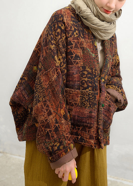 Coffee V Neck Pockets Patchwork Fine Cotton Filled Jacket Batwing Sleeve
