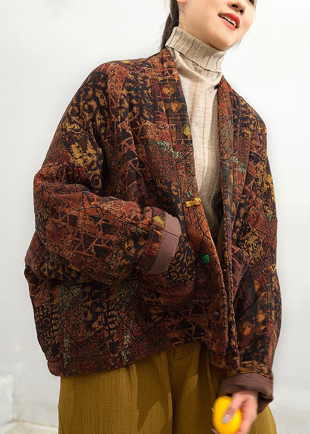 Coffee V Neck Pockets Patchwork Fine Cotton Filled Jacket Batwing Sleeve