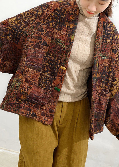Coffee V Neck Pockets Patchwork Fine Cotton Filled Jacket Batwing Sleeve
