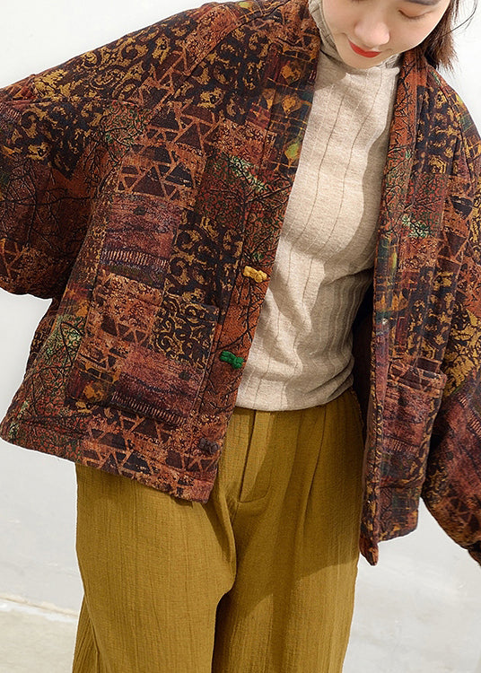 Coffee V Neck Pockets Patchwork Fine Cotton Filled Jacket Batwing Sleeve