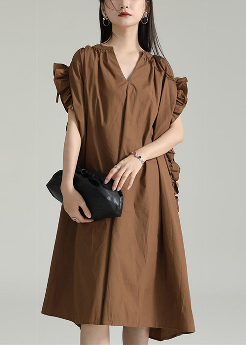 Coffee V Neck Ruffled Drawstring Patchwork Cotton Dresses Summer