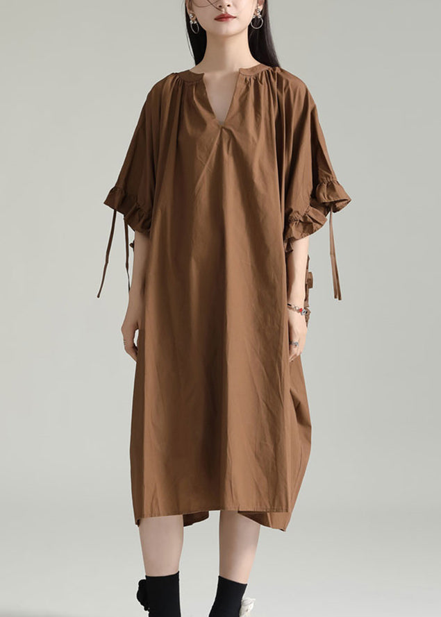 Coffee V Neck Ruffled Drawstring Patchwork Cotton Dresses Summer