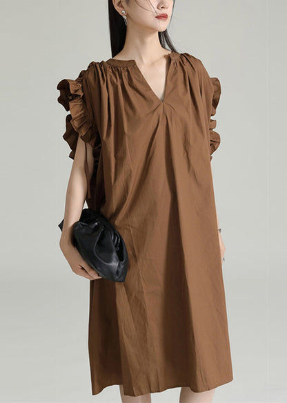 Coffee V Neck Ruffled Drawstring Patchwork Cotton Dresses Summer