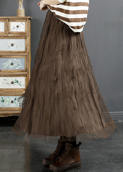 Coffee Wrinkled Elastic Waist Tulle Skirt Fall