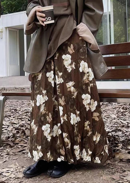 Coffee Wrinkled Print Exra Large Hem Cotton Skirts Spring